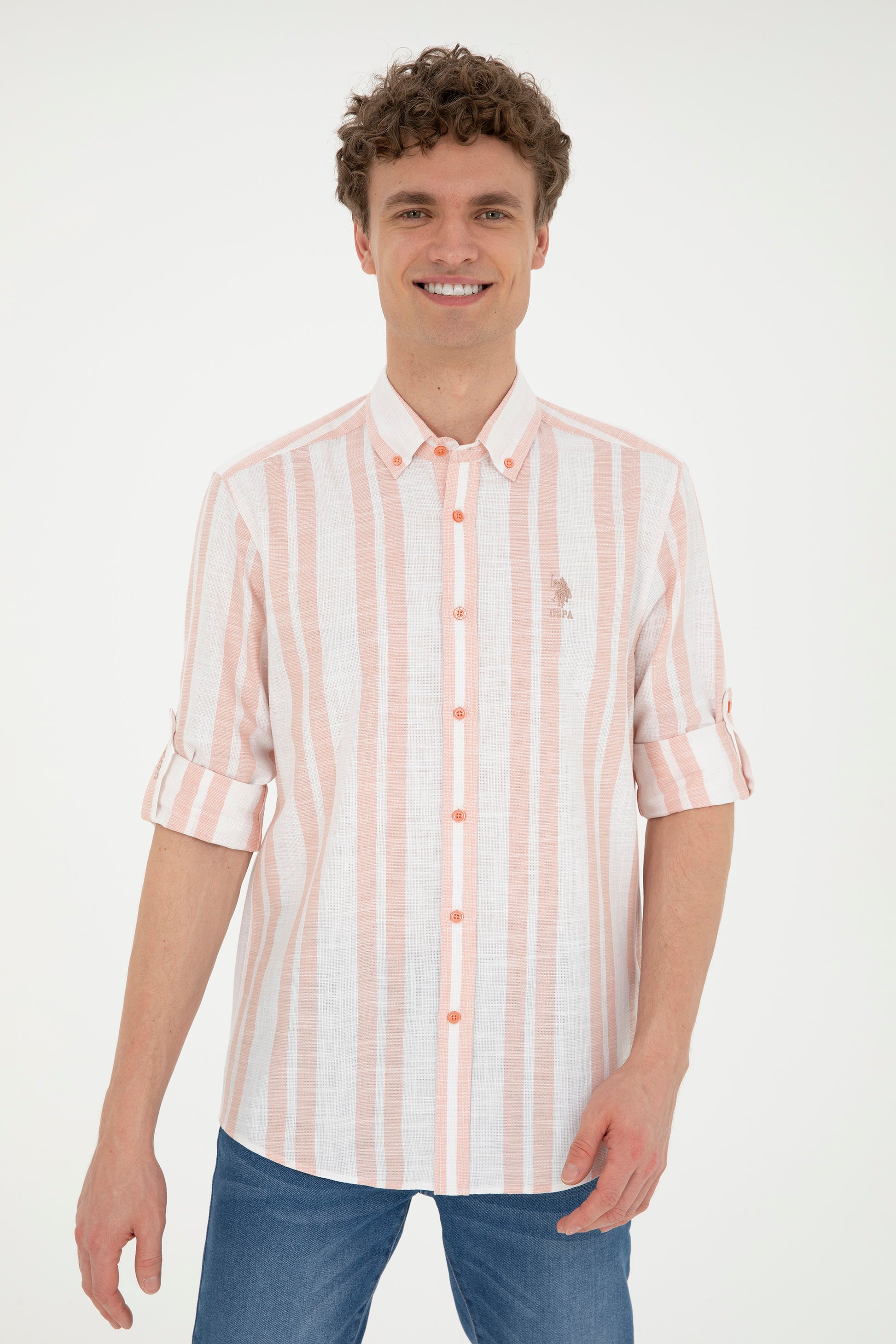 Men's Salmon Striped White Shirt