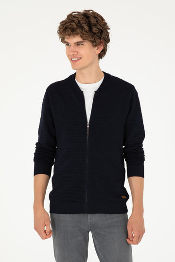 Men's Regular Fit Straight Collar Navy Zipper Knitwear Cardigan