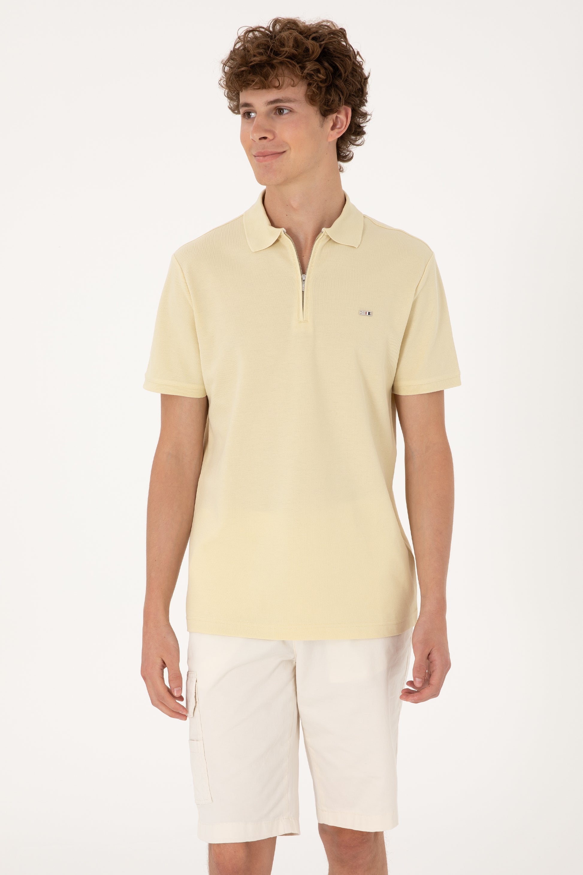 Men's Regular Fit Zipper Open Khaki T-Shirt