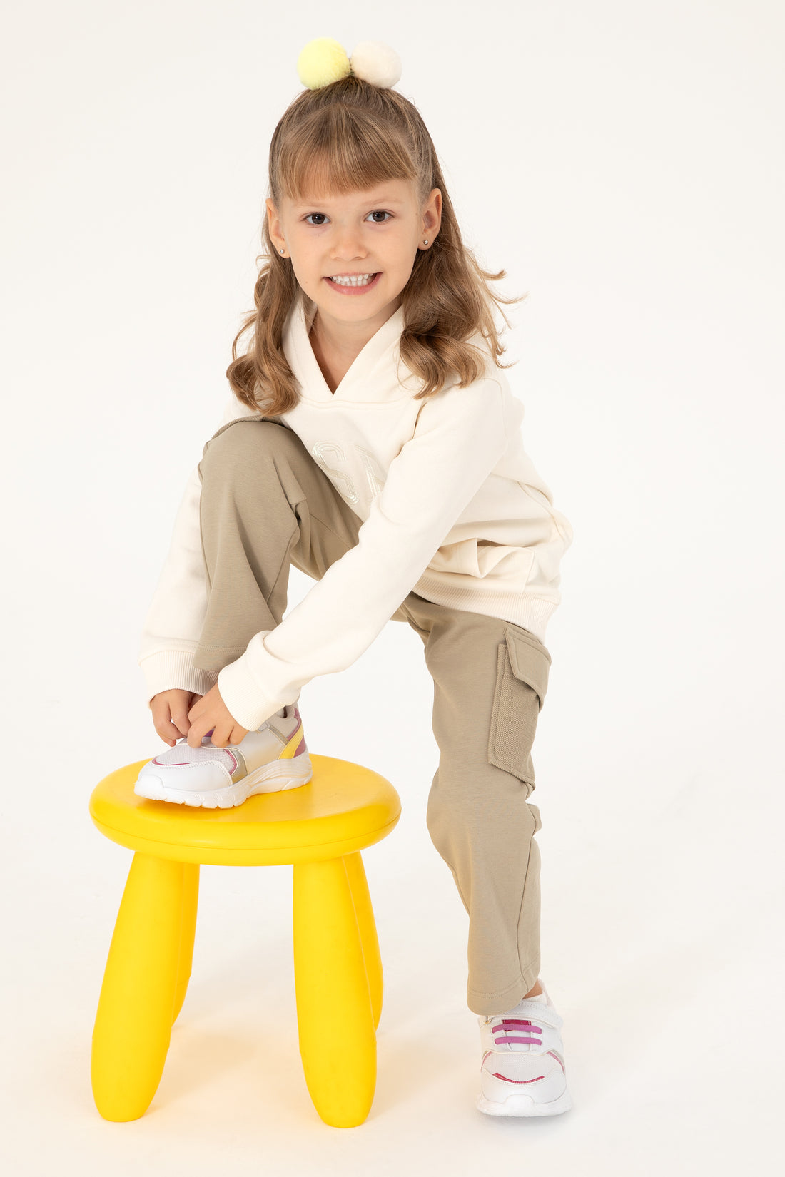 Girls' Cream Hooded Basic Sweatshirt