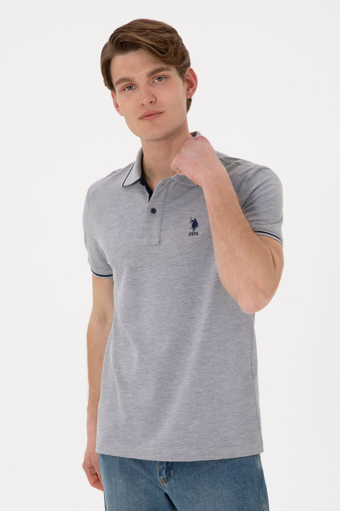 Men's Slim Fit Polo Neck Grey Melange Basic T-Shirt