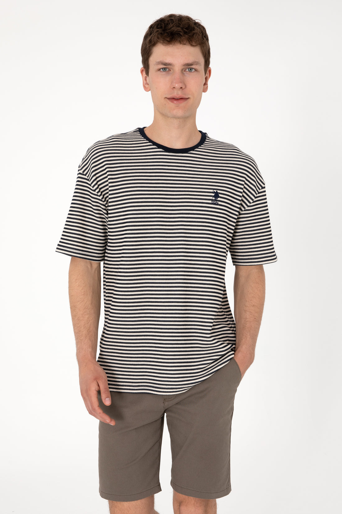 Men's Comfort Fit Crew Neck Navy Knit Patterned T-Shirt