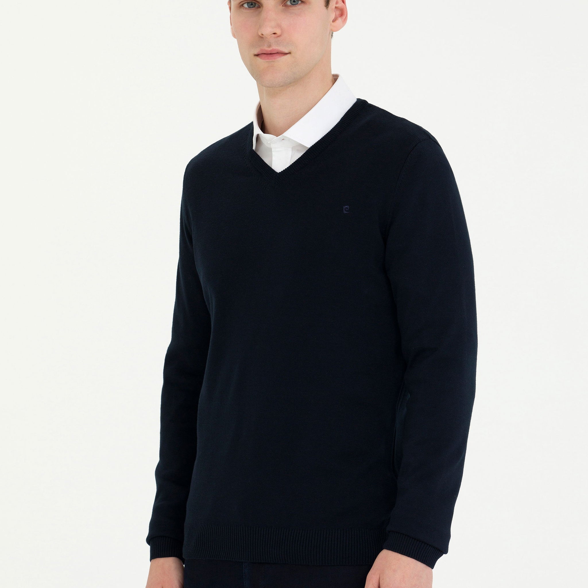 Navy Blue Slim Fit V Neck Basic Knitwear Sweater