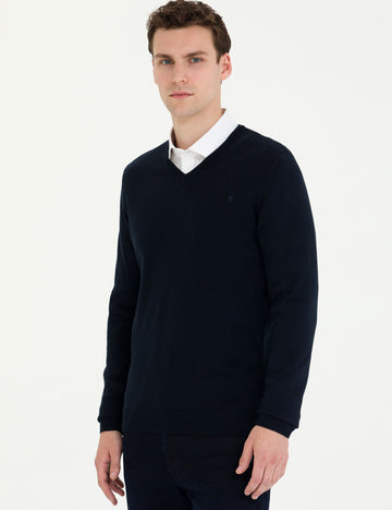 Navy Blue Slim Fit V Neck Basic Knitwear Sweater