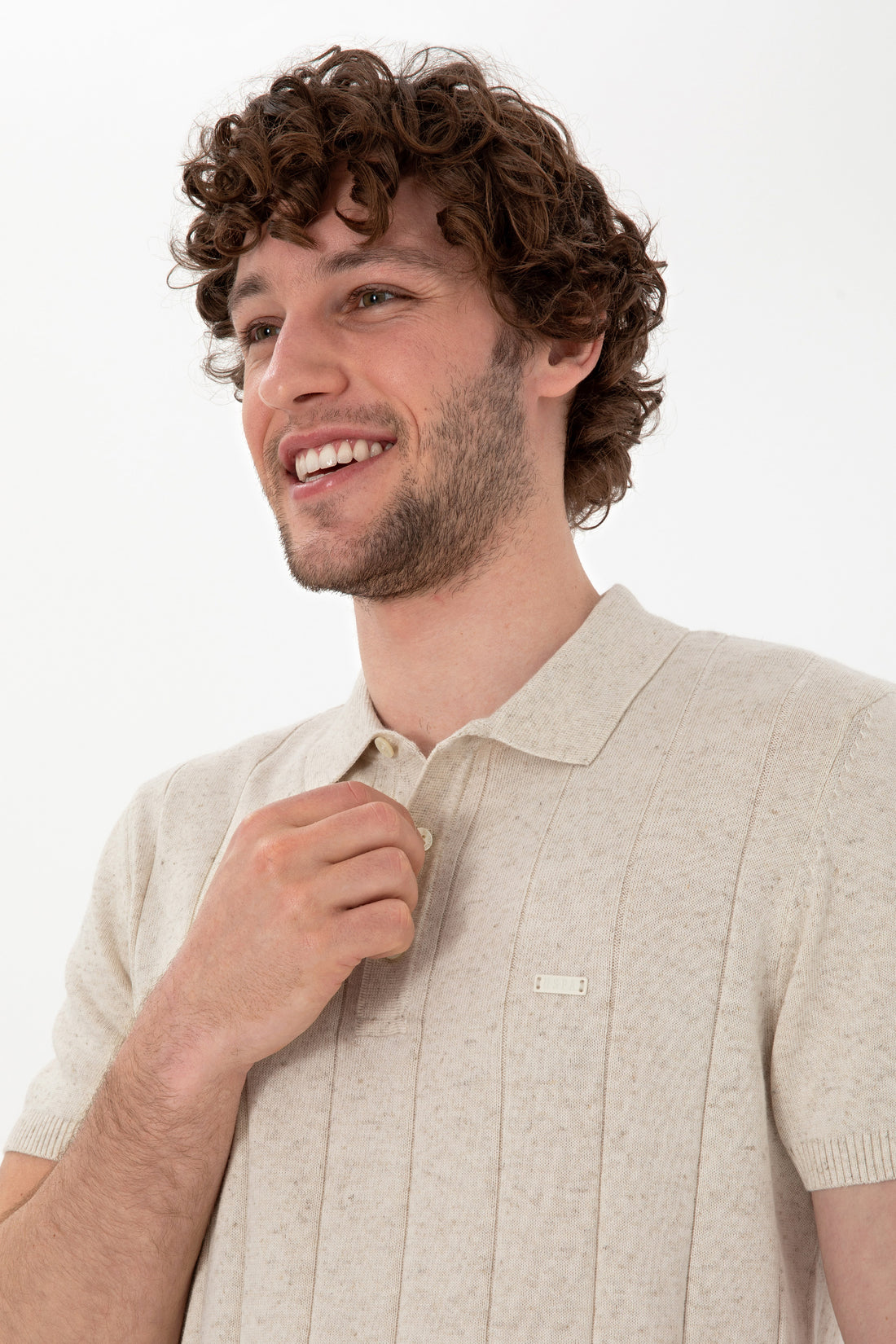 Men's Slim Fit Polo Neck Cream Knitwear T-Shirt