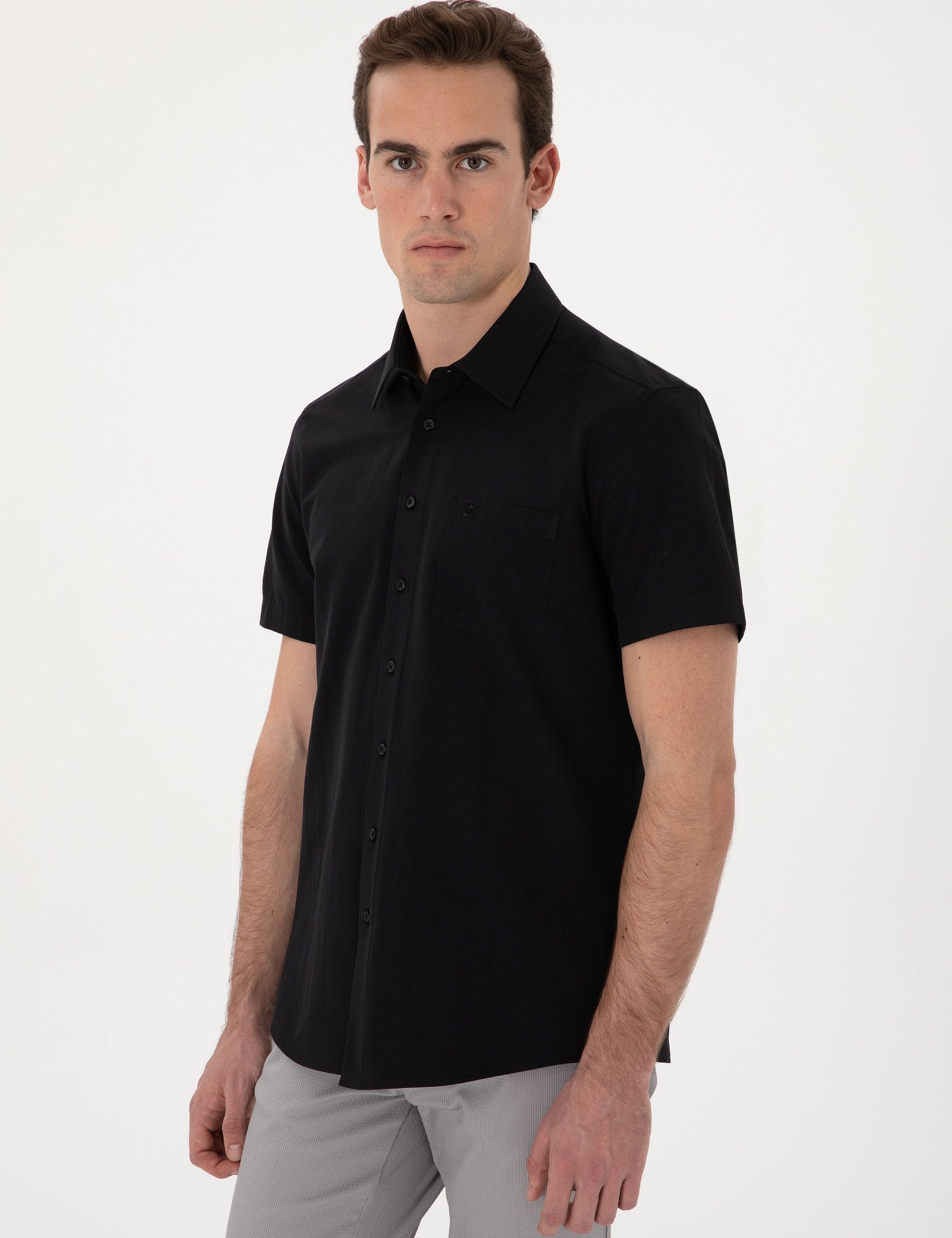 Black Basic Regular Fit Short Sleeve Pocket Shirt