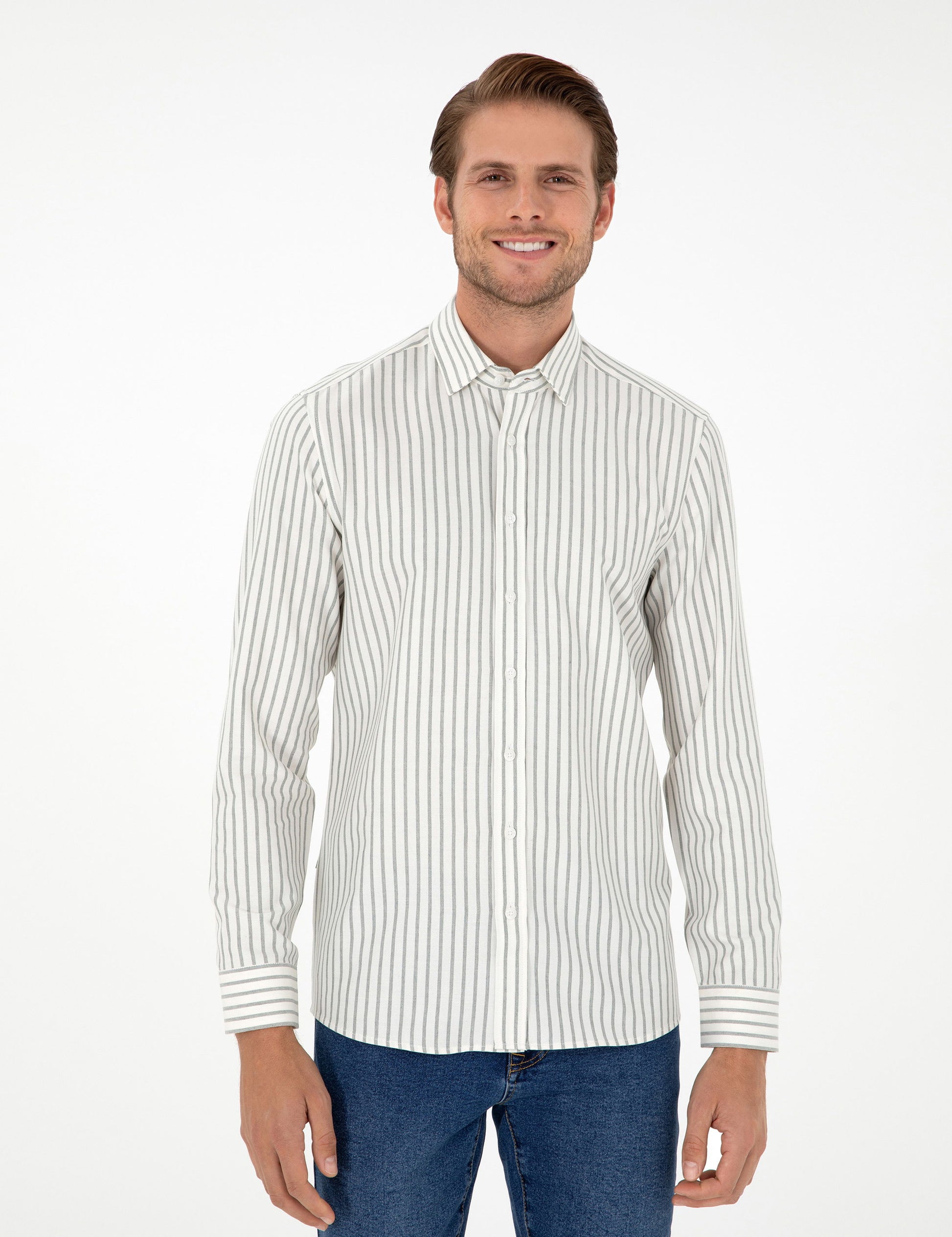 Khaki Striped Slim Fit Long Sleeve Shirt