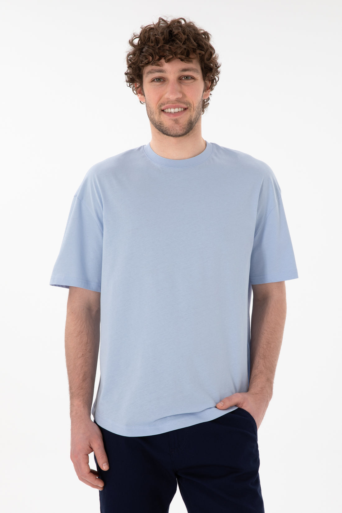 Men's Long Fit Crew Neck Light Blue Basic T-Shirt