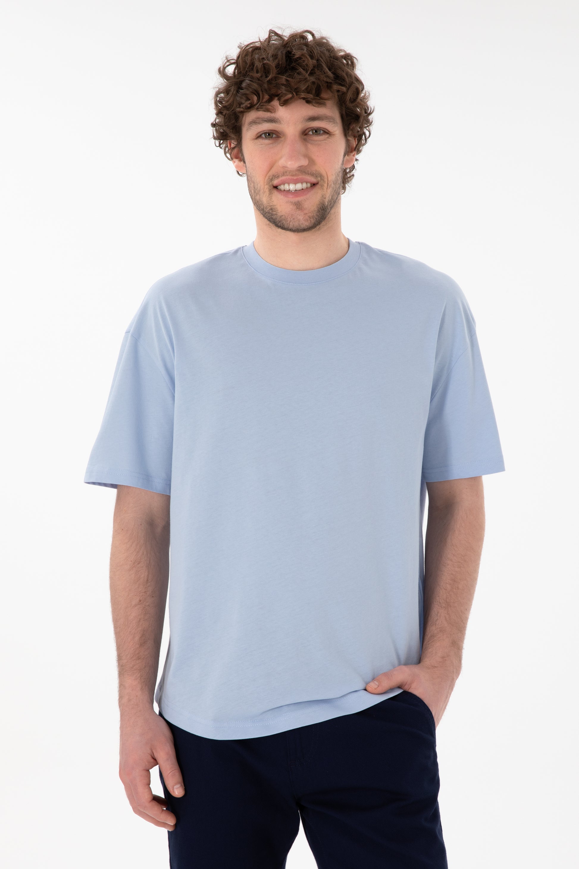 Men's Long Fit Crew Neck Light Blue Basic T-Shirt
