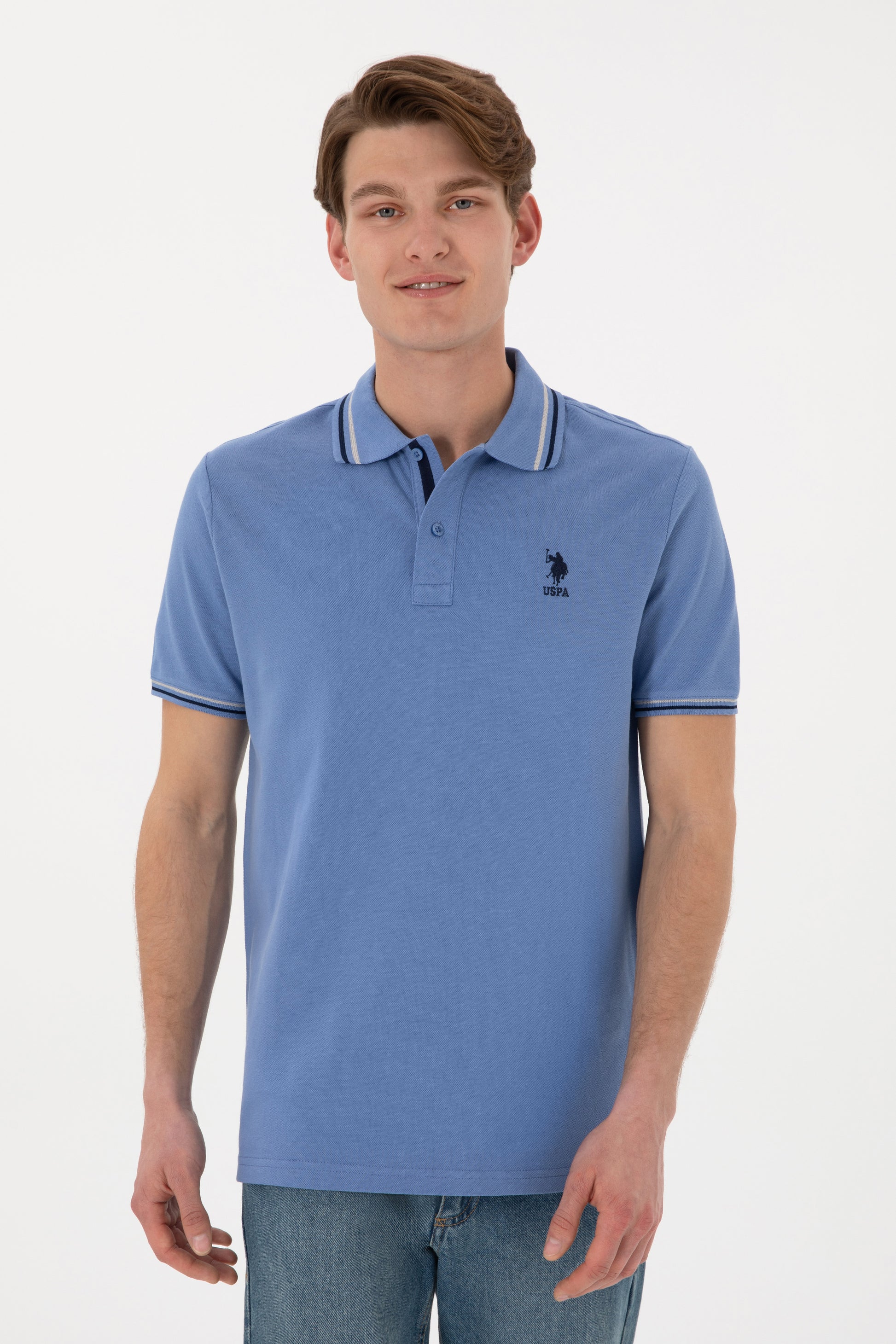 Men's Regular Fit Polo Neck Dark Blue Basic T-Shirt