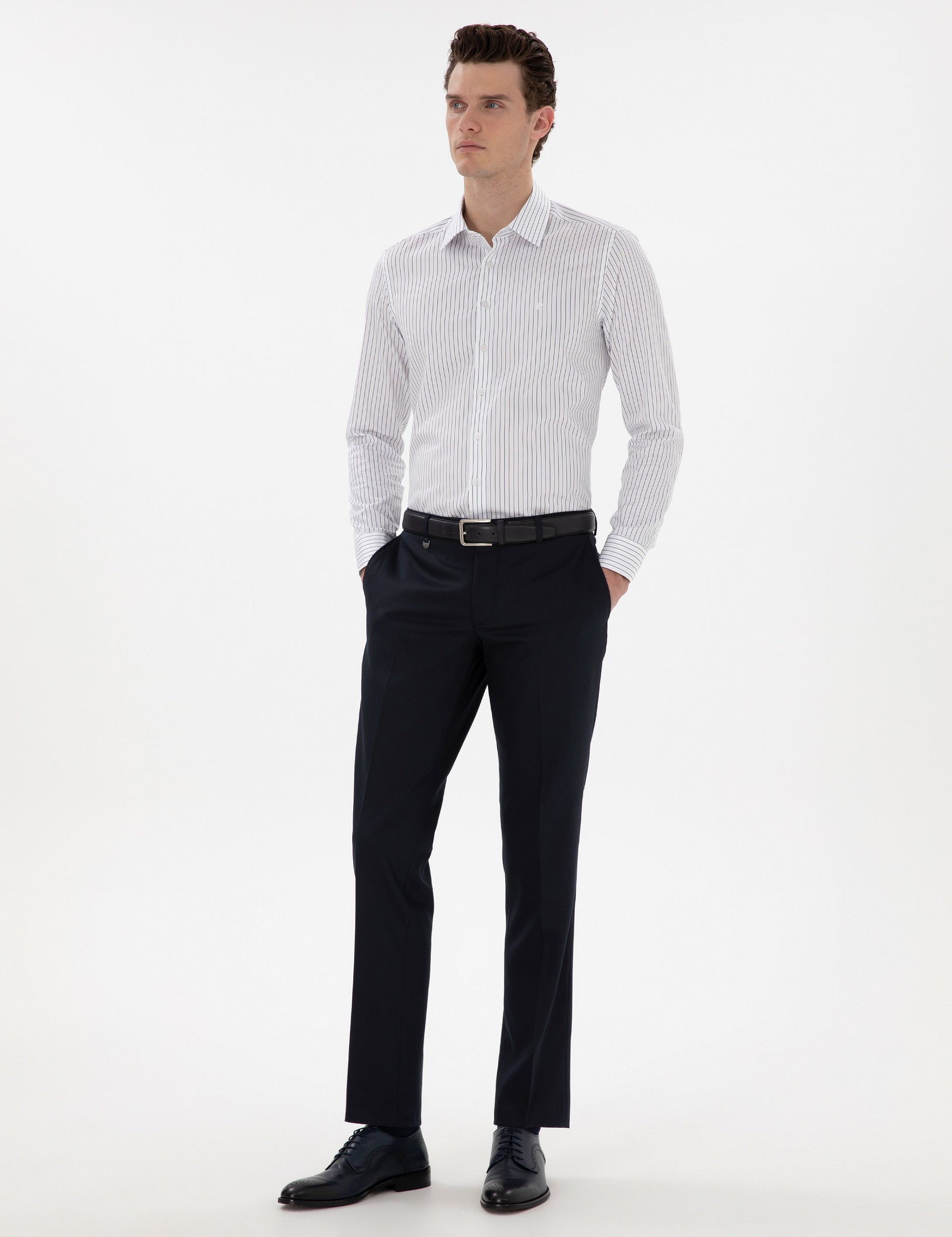 Navy Blue Slim Fit Striped Long Sleeve Shirt