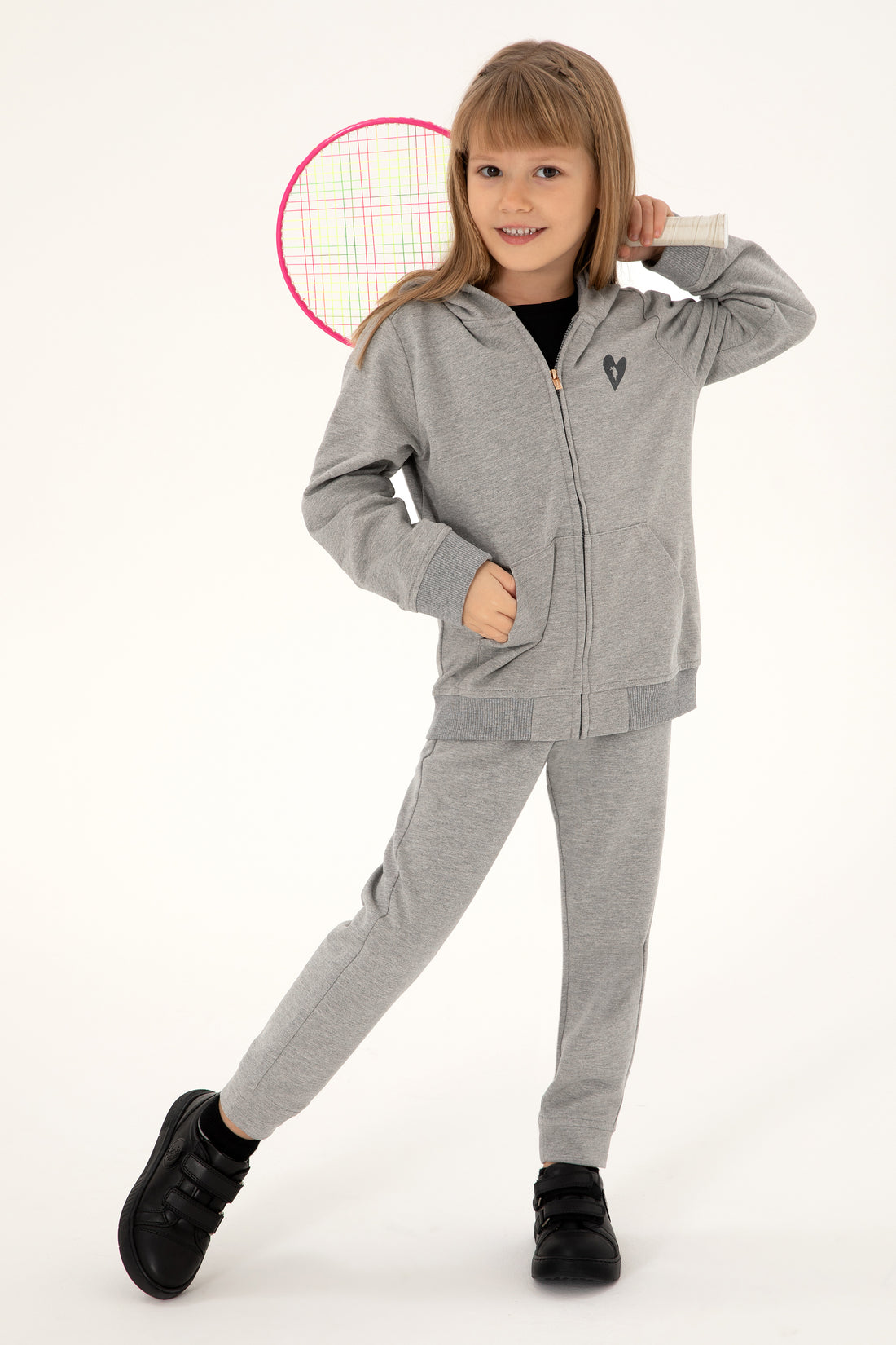 Girls' Grey Melange Zipper Sweatshirt