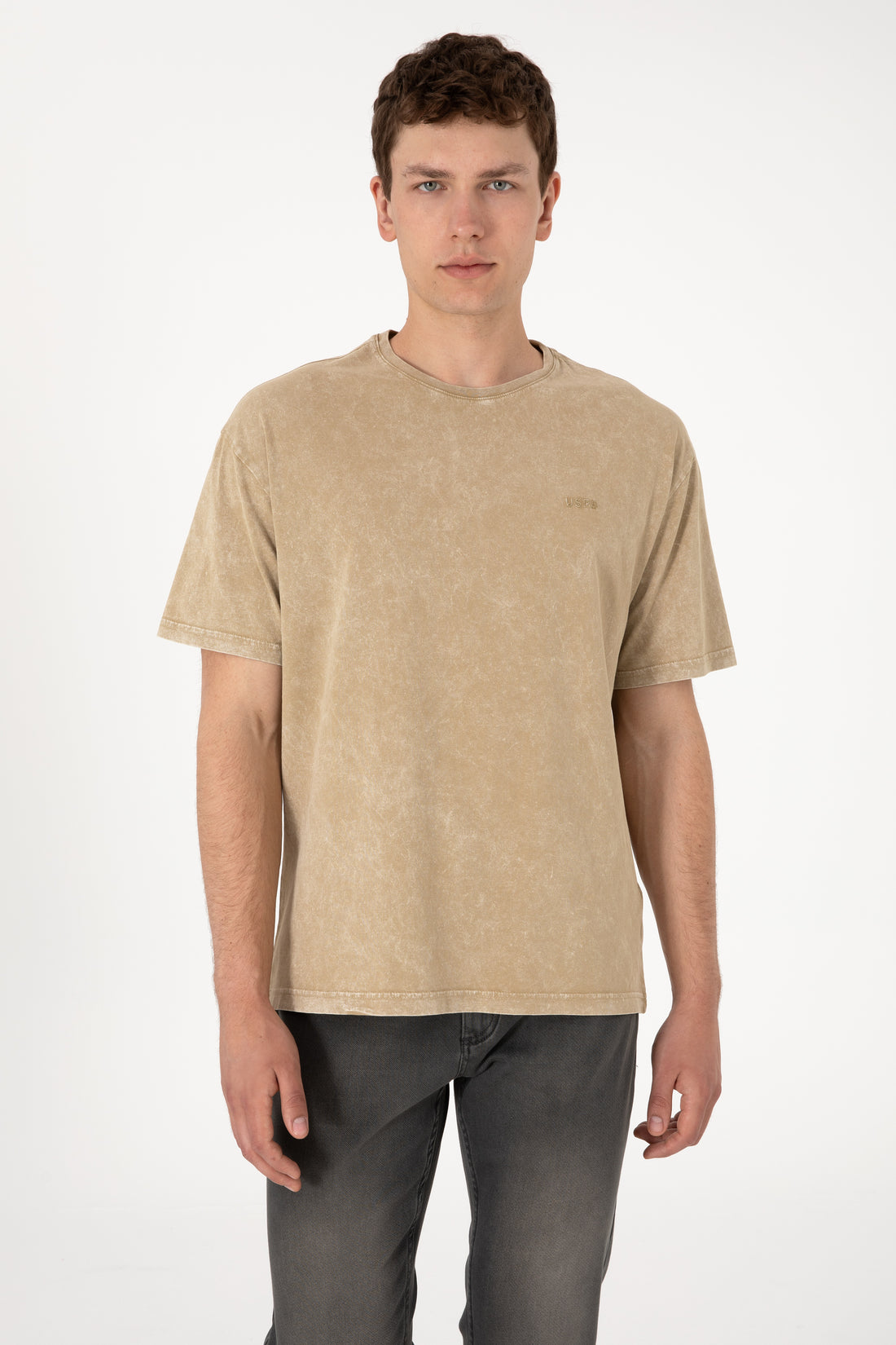 Men's Comfort Fit Crew Neck Khaki Wash T-Shirt
