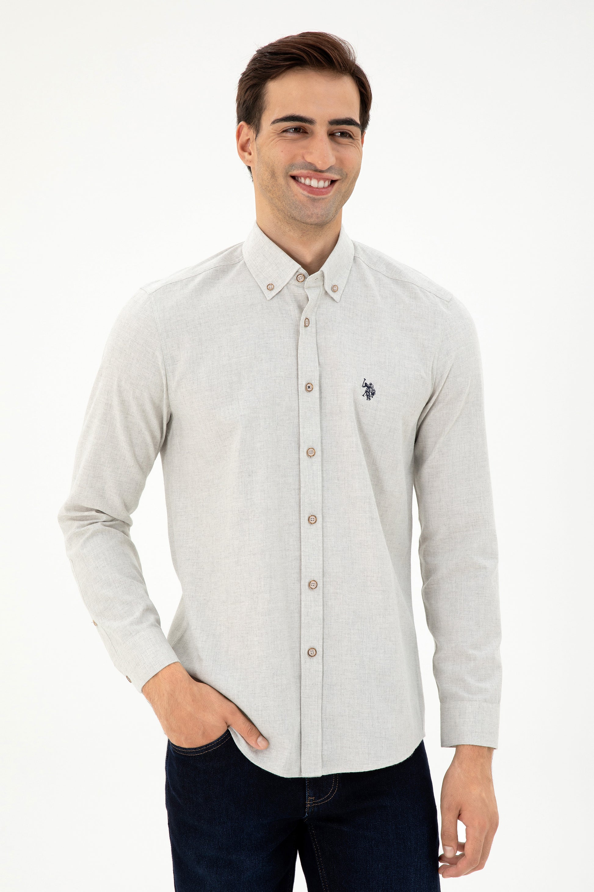 Men's Beige Long Sleeve Basic Shirt