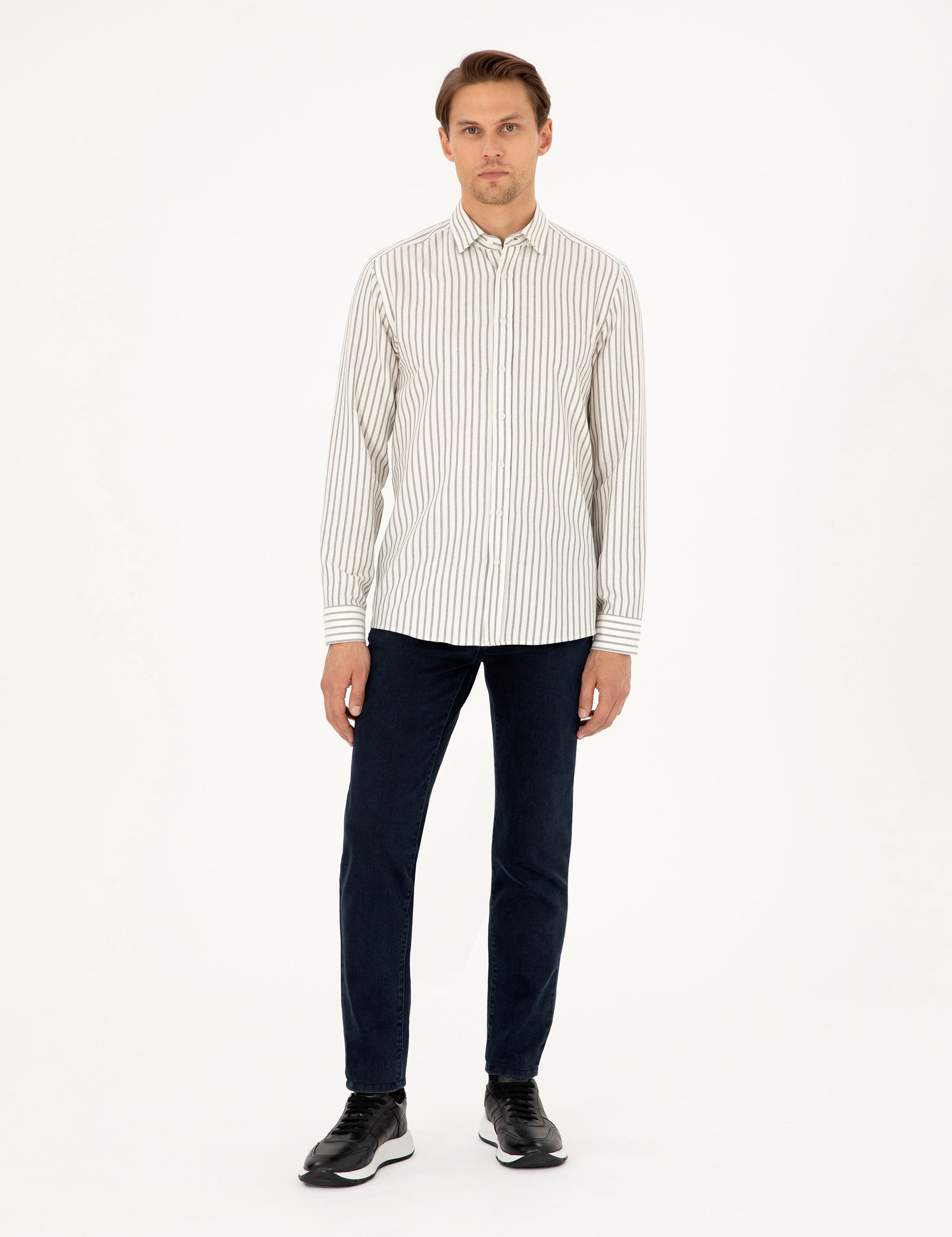 Navy Blue Slim Fit Striped Long Sleeve Shirt