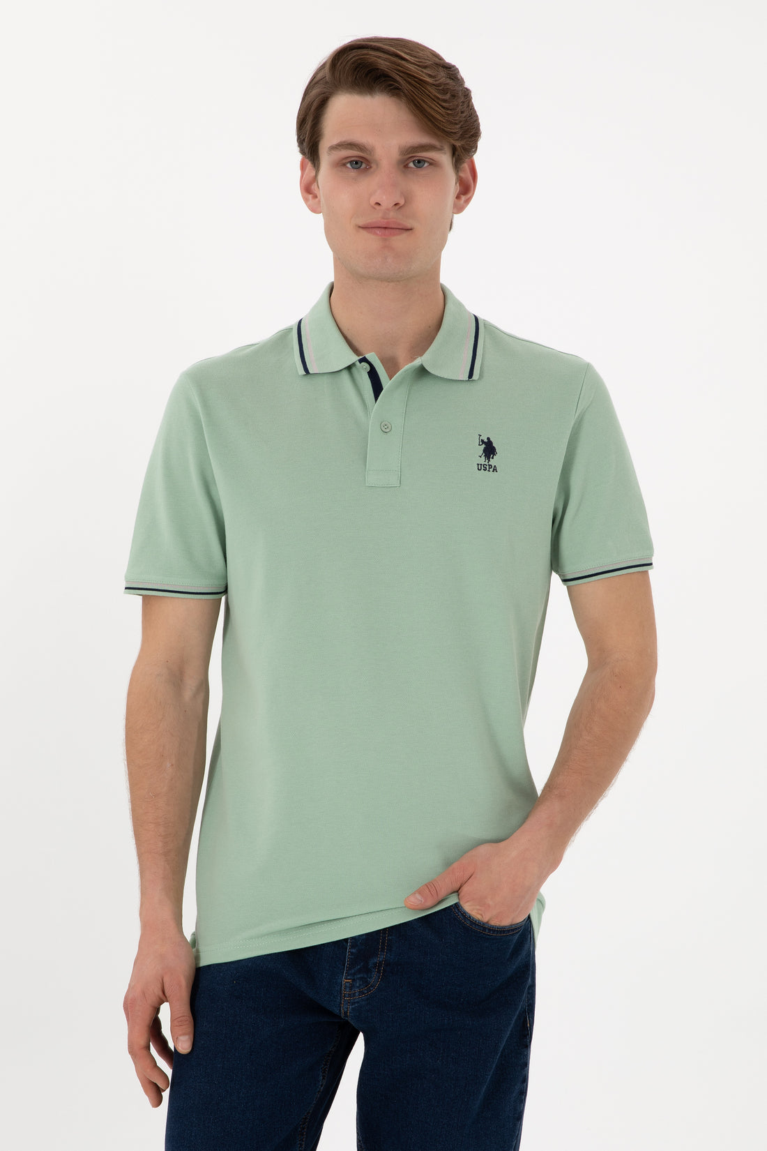 Men's Regular Fit Polo Neck Water Green Basic T-Shirt
