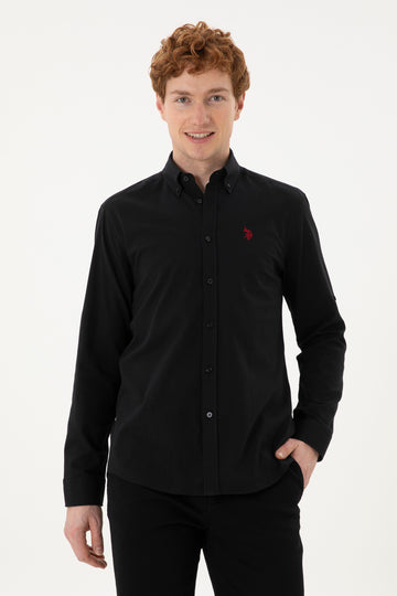 Men's Linen Look Black Basic Shirt