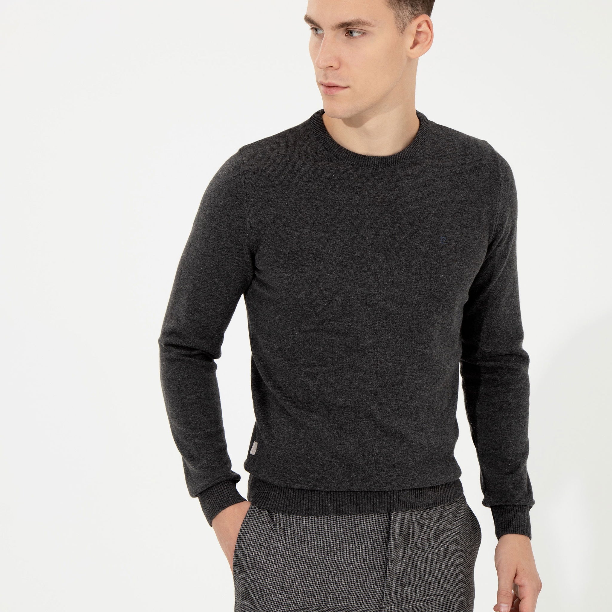 Grey Melange Slim Fit Crew Neck Basic Knitwear Sweater