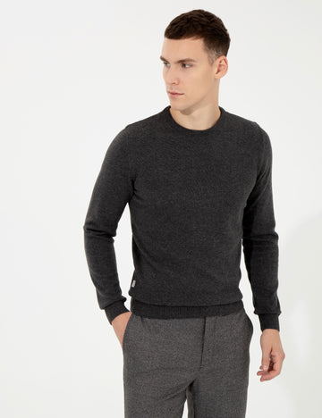 Grey Melange Slim Fit Crew Neck Basic Knitwear Sweater