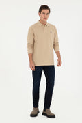 Men's Regular Fit Polo Collar Sand Basic Sweatshirt