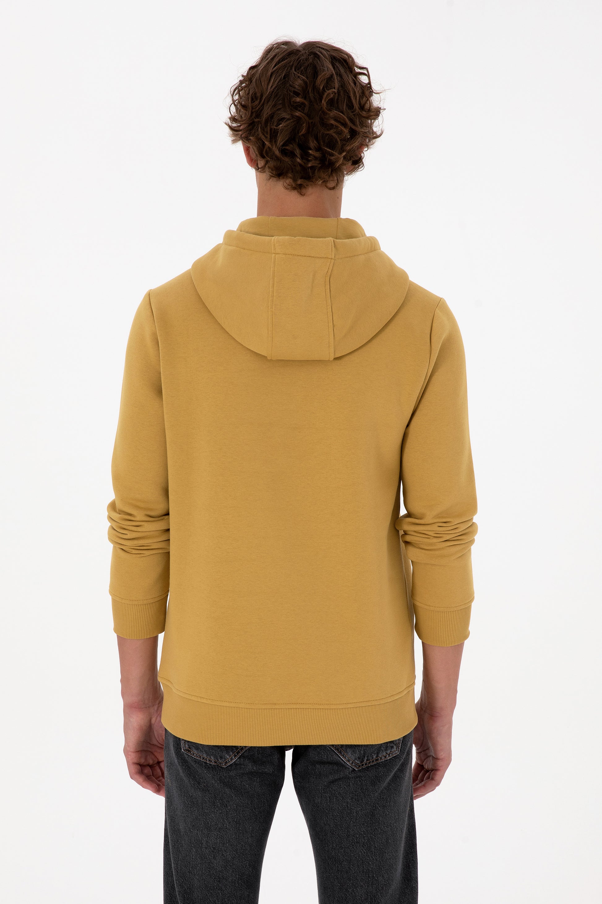 Erkek Regular Fit Kapüşonlu Hardal Basic Sweatshirt