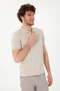 Men's Slim Fit Polo Neck Cream Knitwear T-Shirt