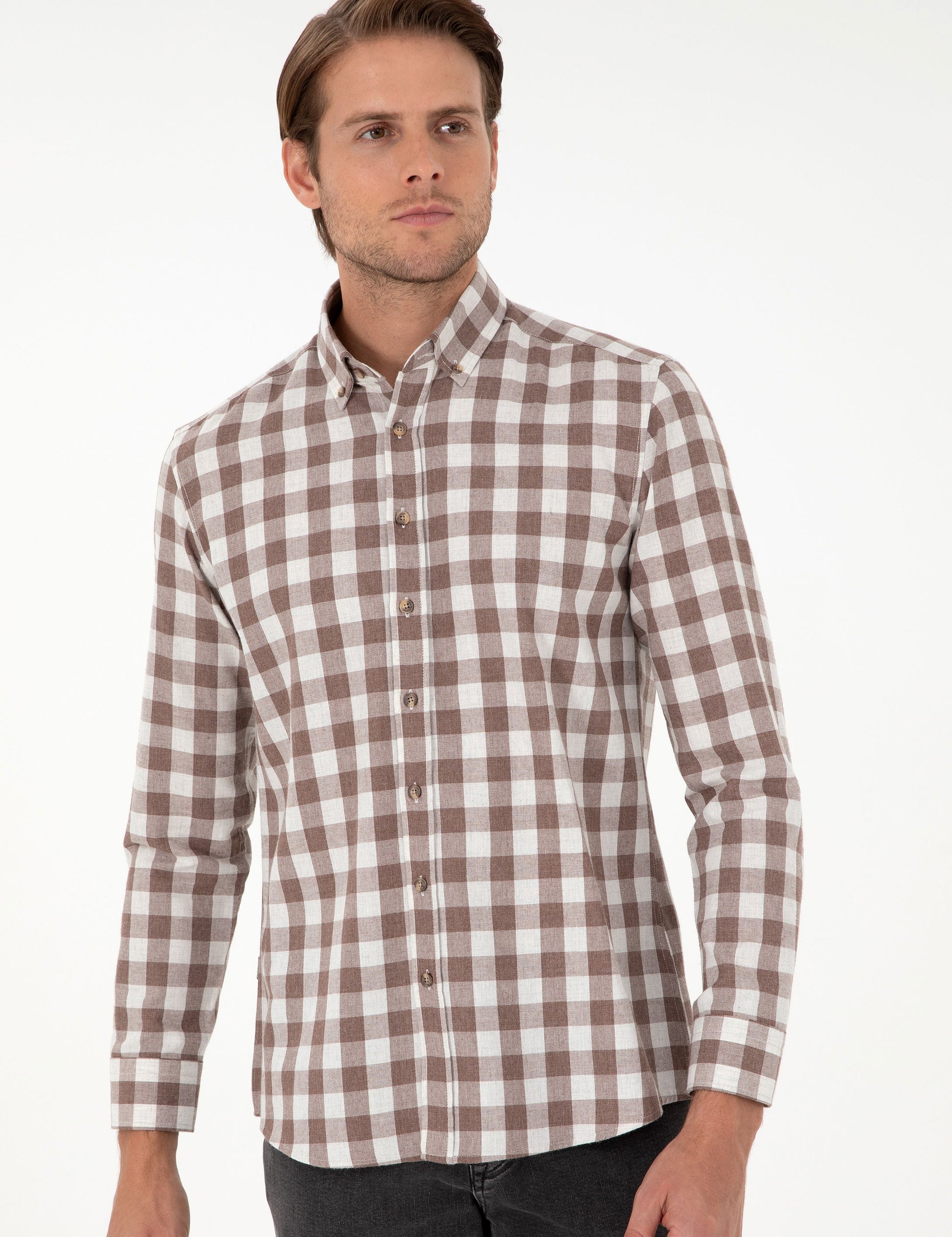 Brown Checkered Regular Fit Long Sleeve Shirt