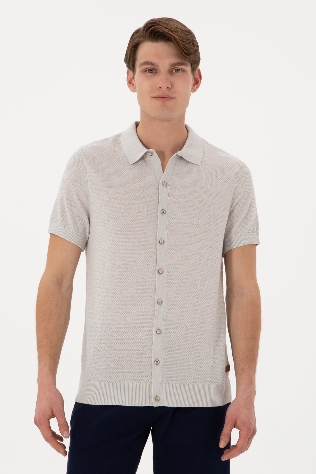 Men's Regular Fit Light Grey Buttoned Knitwear T-Shirt