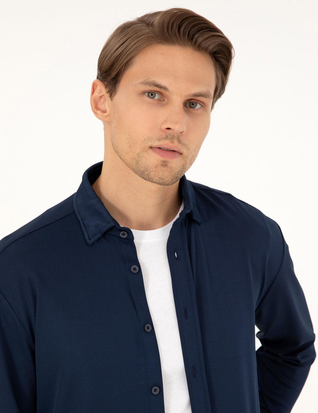 Navy Blue Slim Fit Knitted Shirt