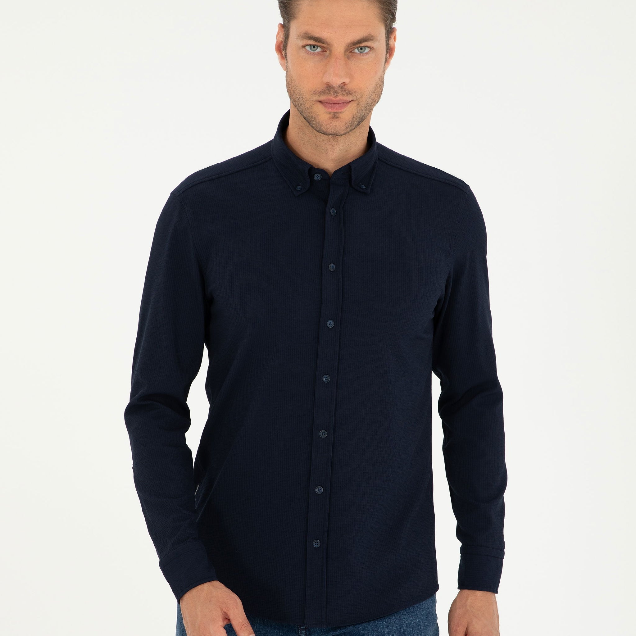 Navy Blue Slim Fit Long Sleeve Shirt