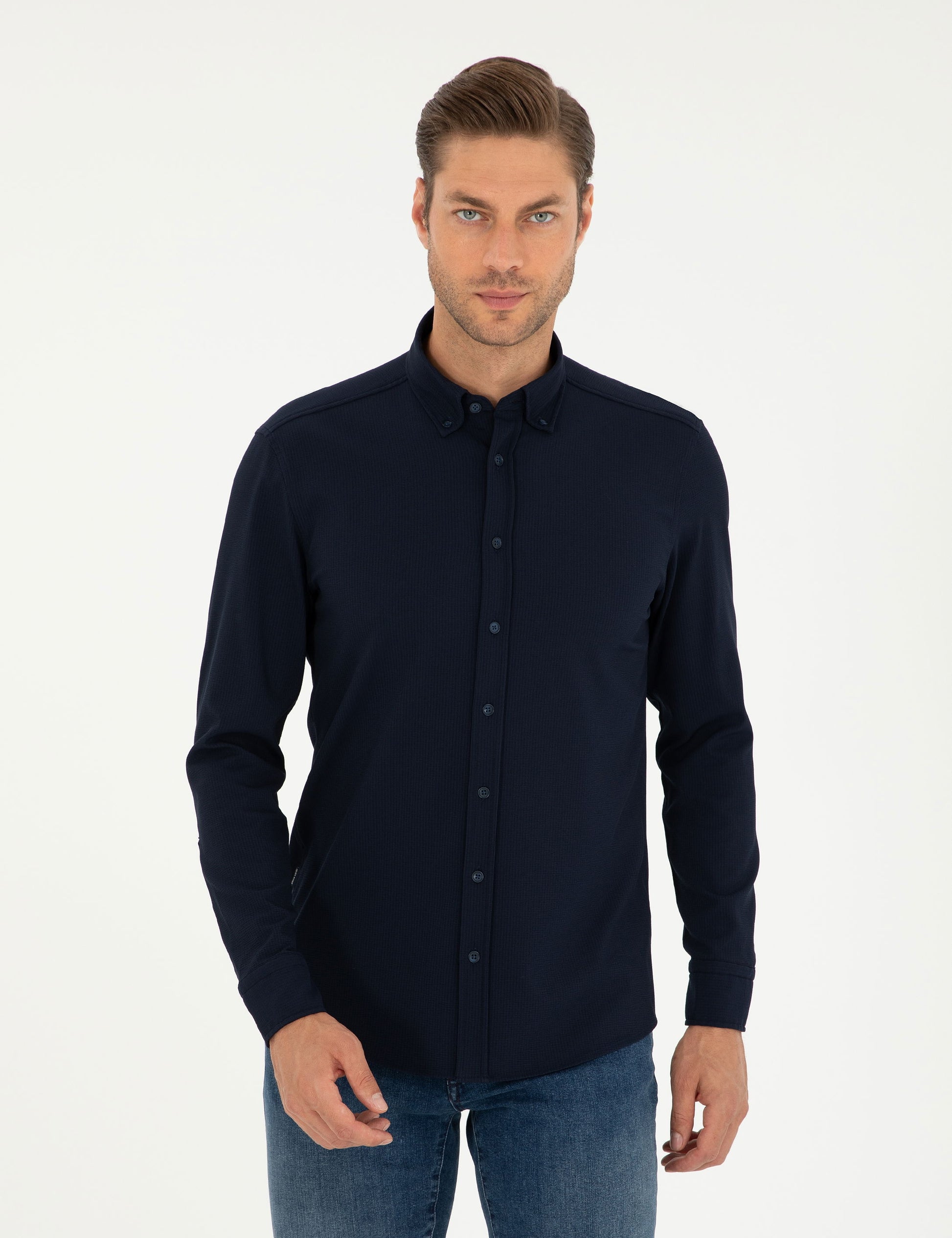 Navy Blue Slim Fit Long Sleeve Shirt