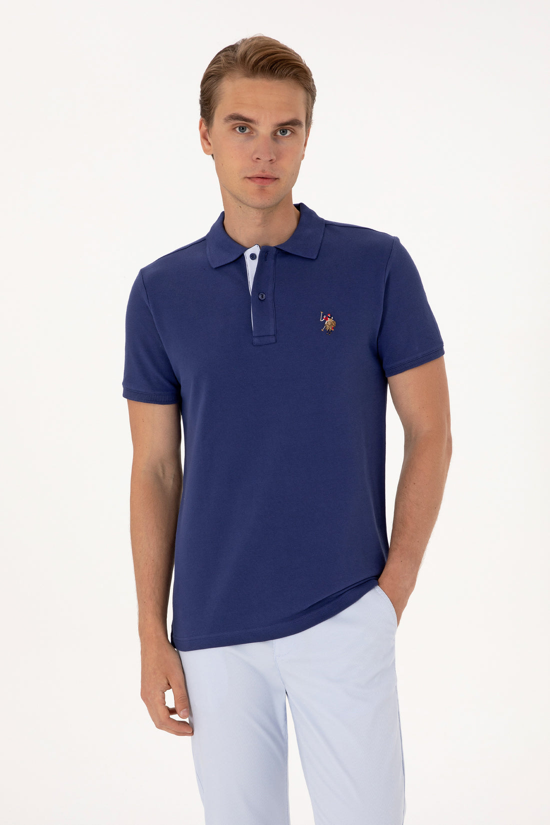 Men's Slim Fit Polo Neck Light Navy Basic T-Shirt