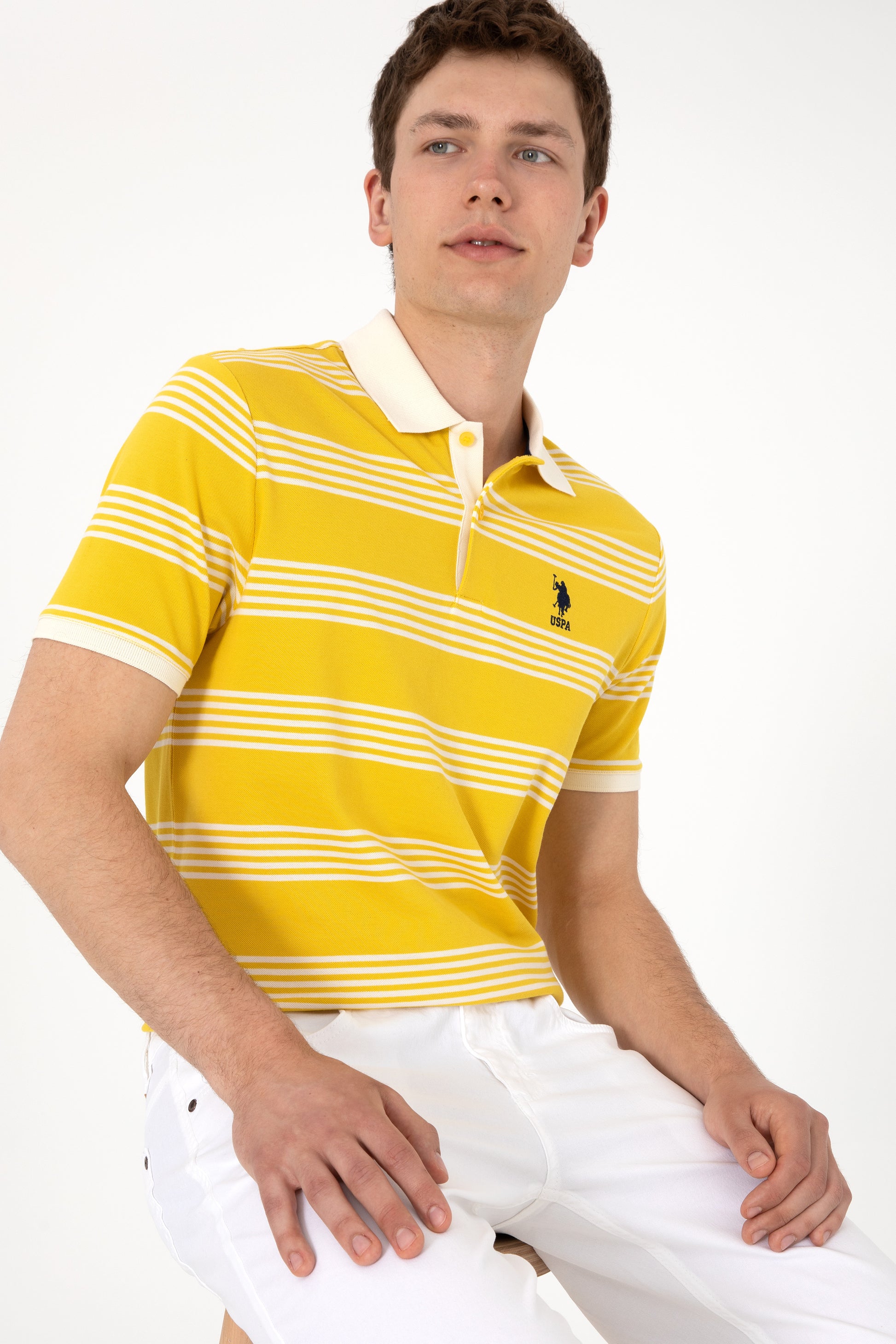 Men's Regular Fit Polo Neck Yellow Striped T-Shirt
