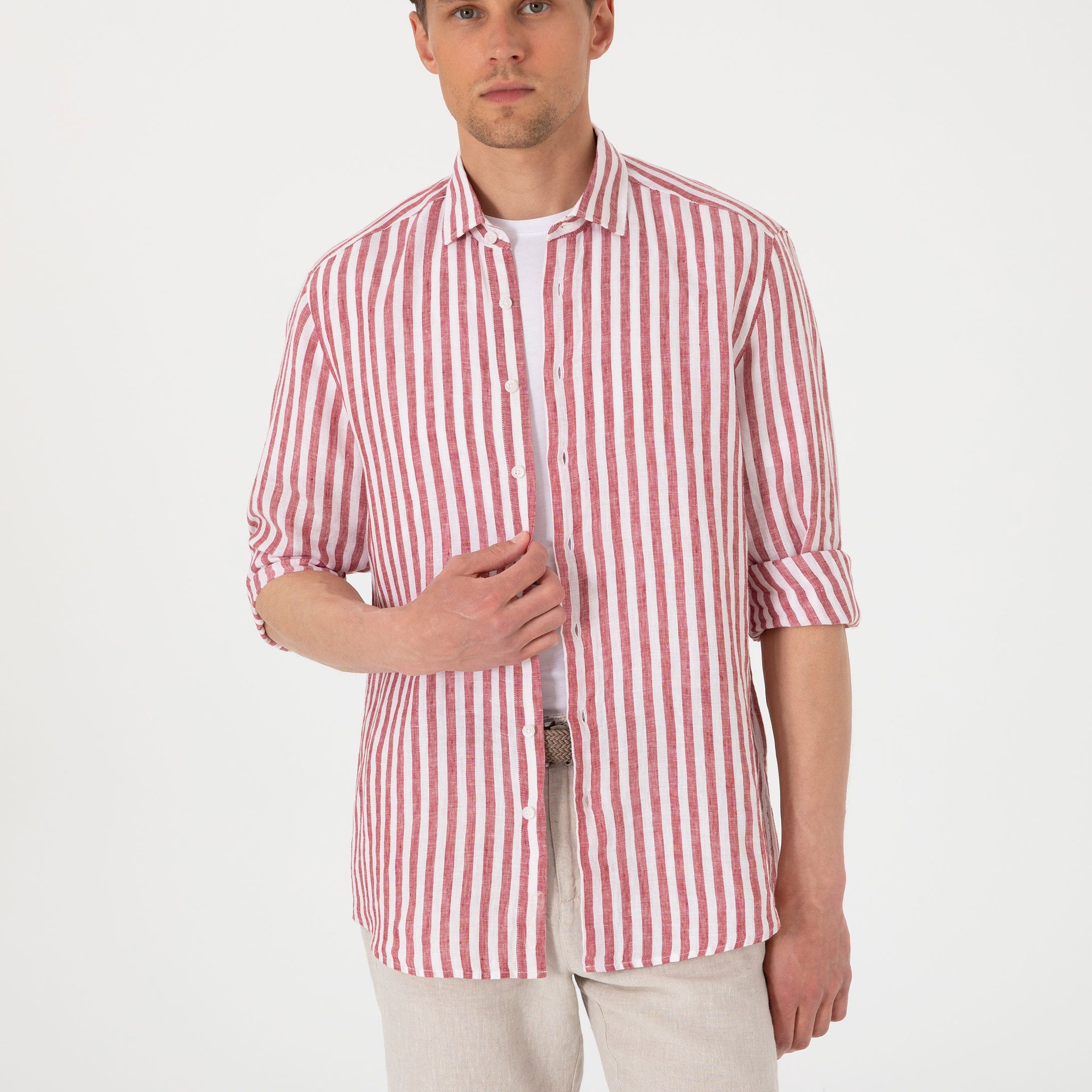 Nar ��i��e��i %100 Keten ��izgili Regular Fit Uzun Kollu G��mlek