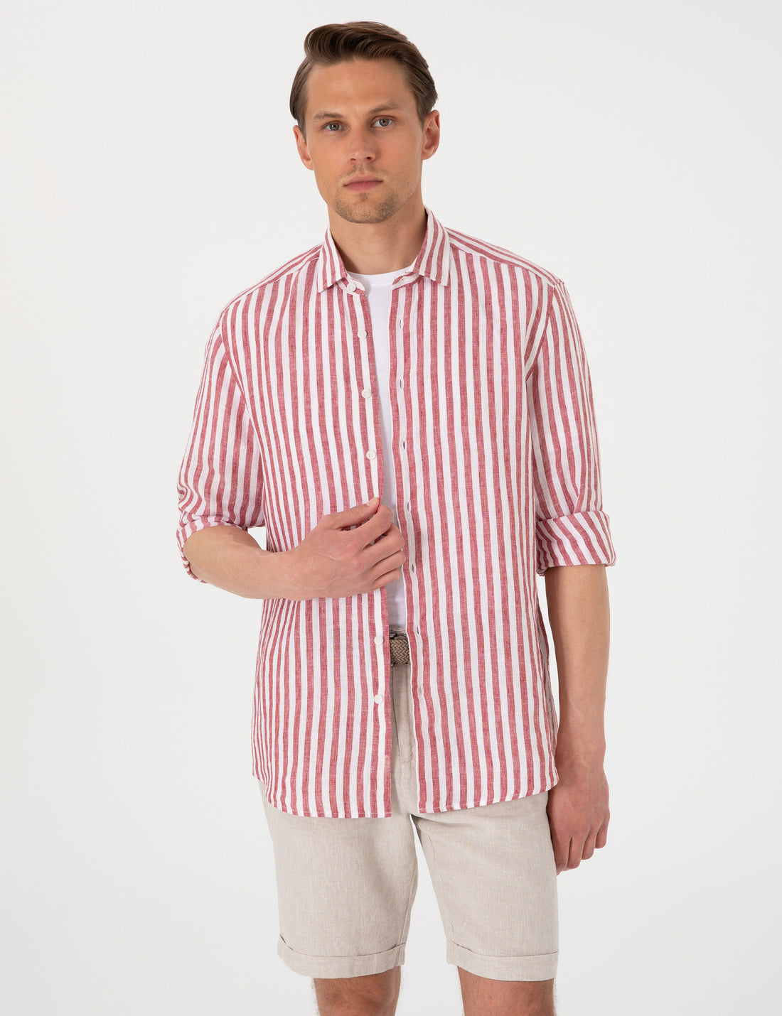 Nar ��i��e��i %100 Keten ��izgili Regular Fit Uzun Kollu G��mlek