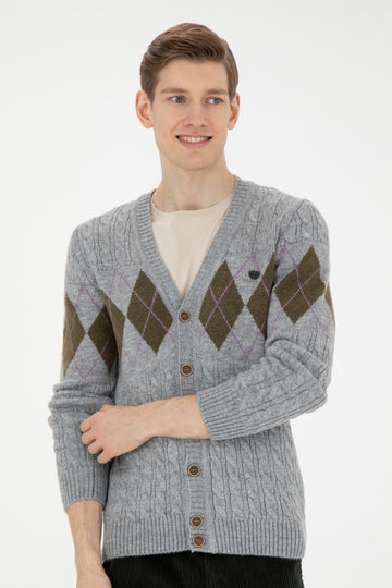 Men's Grey Melange Knitwear Cardigan