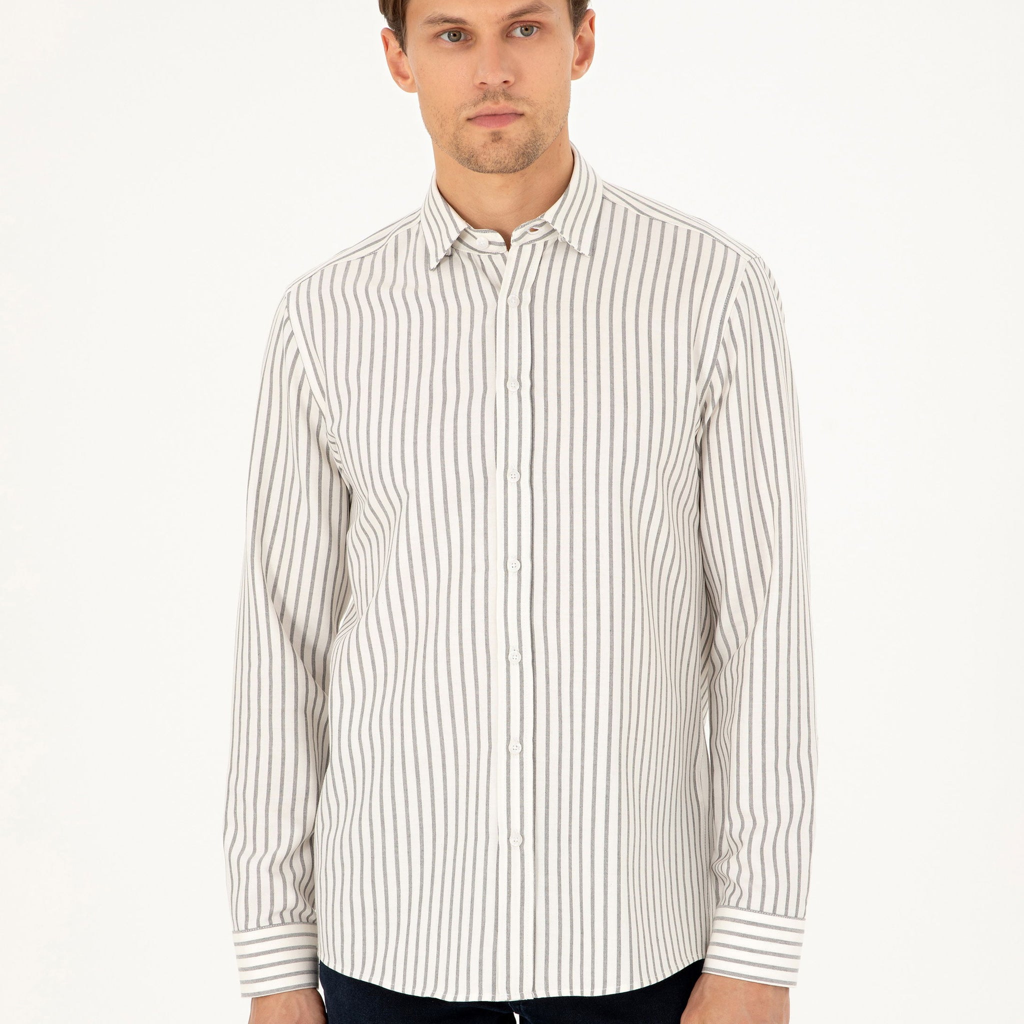 Navy Blue Slim Fit Striped Long Sleeve Shirt