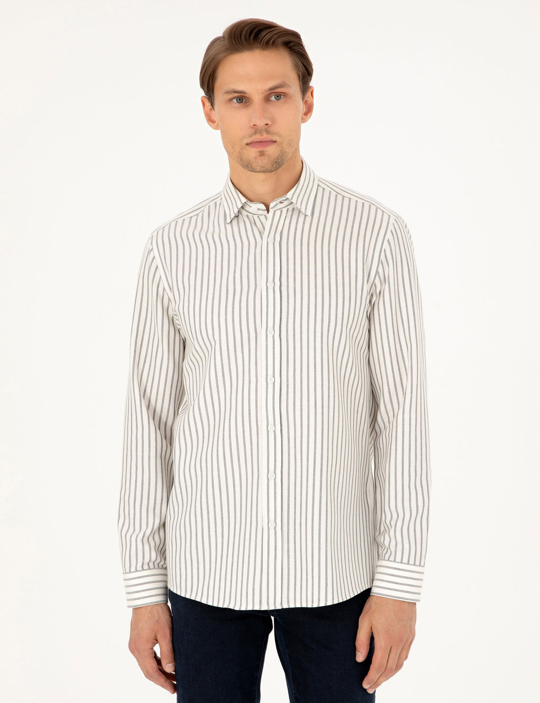 Navy Blue Slim Fit Striped Long Sleeve Shirt