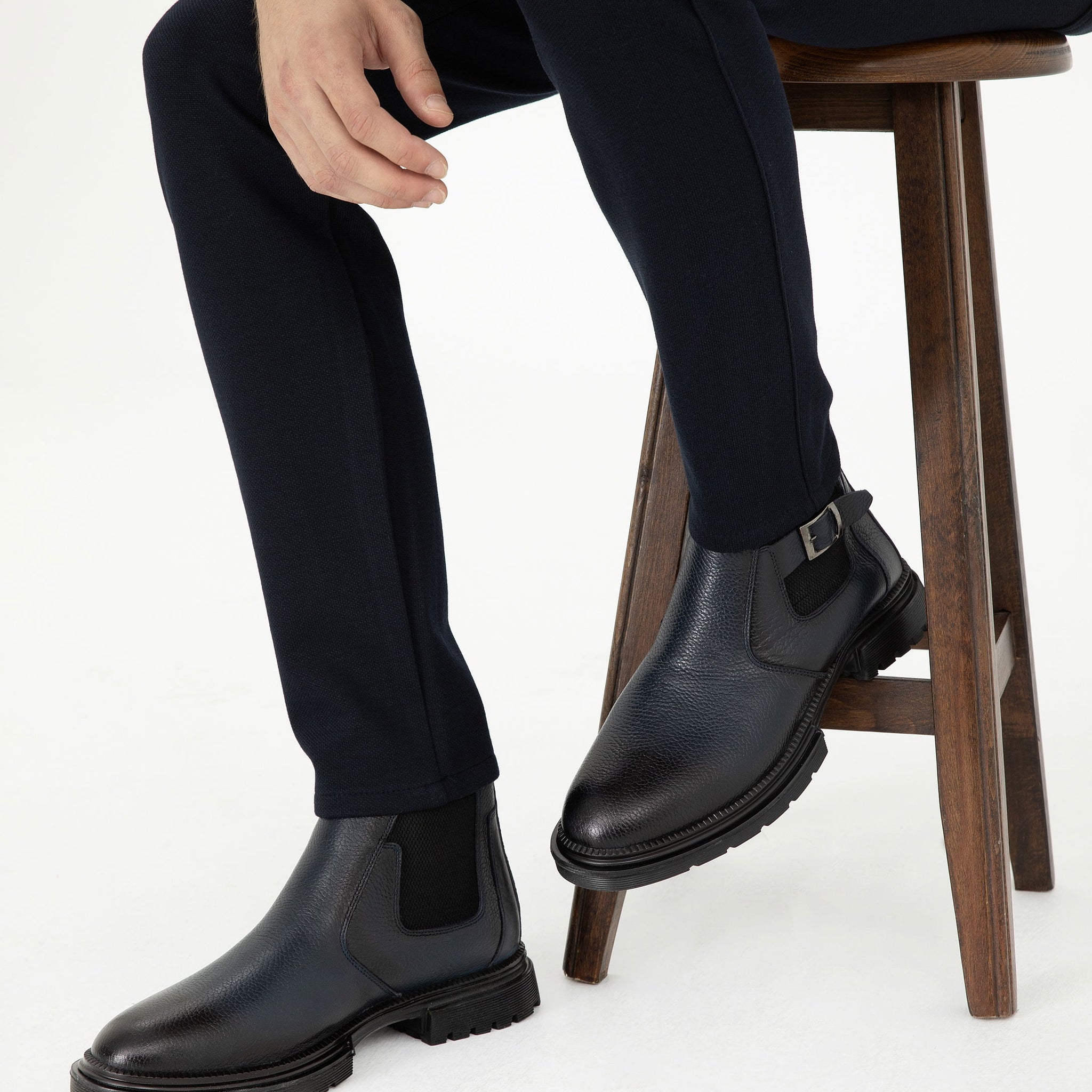 Navy Blue 100% Leather Boots