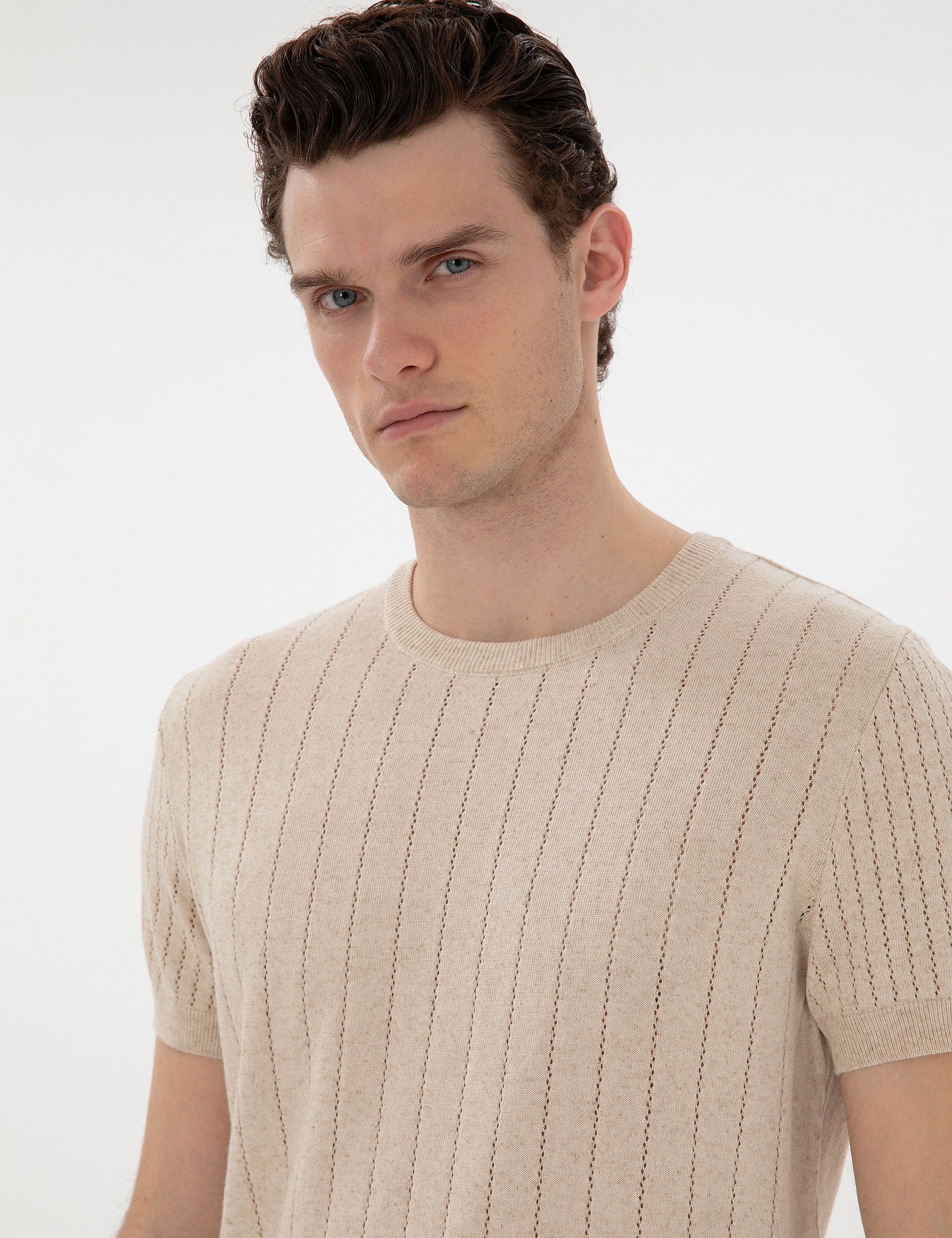 Beige Linen Blended Regular Fit Crew Neck Sweater T-Shirt