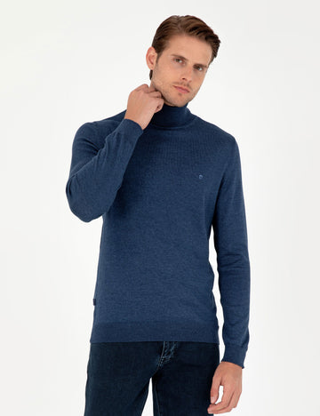 Indigo Melange Slim Fit Turtleneck Basic Knitwear Sweater