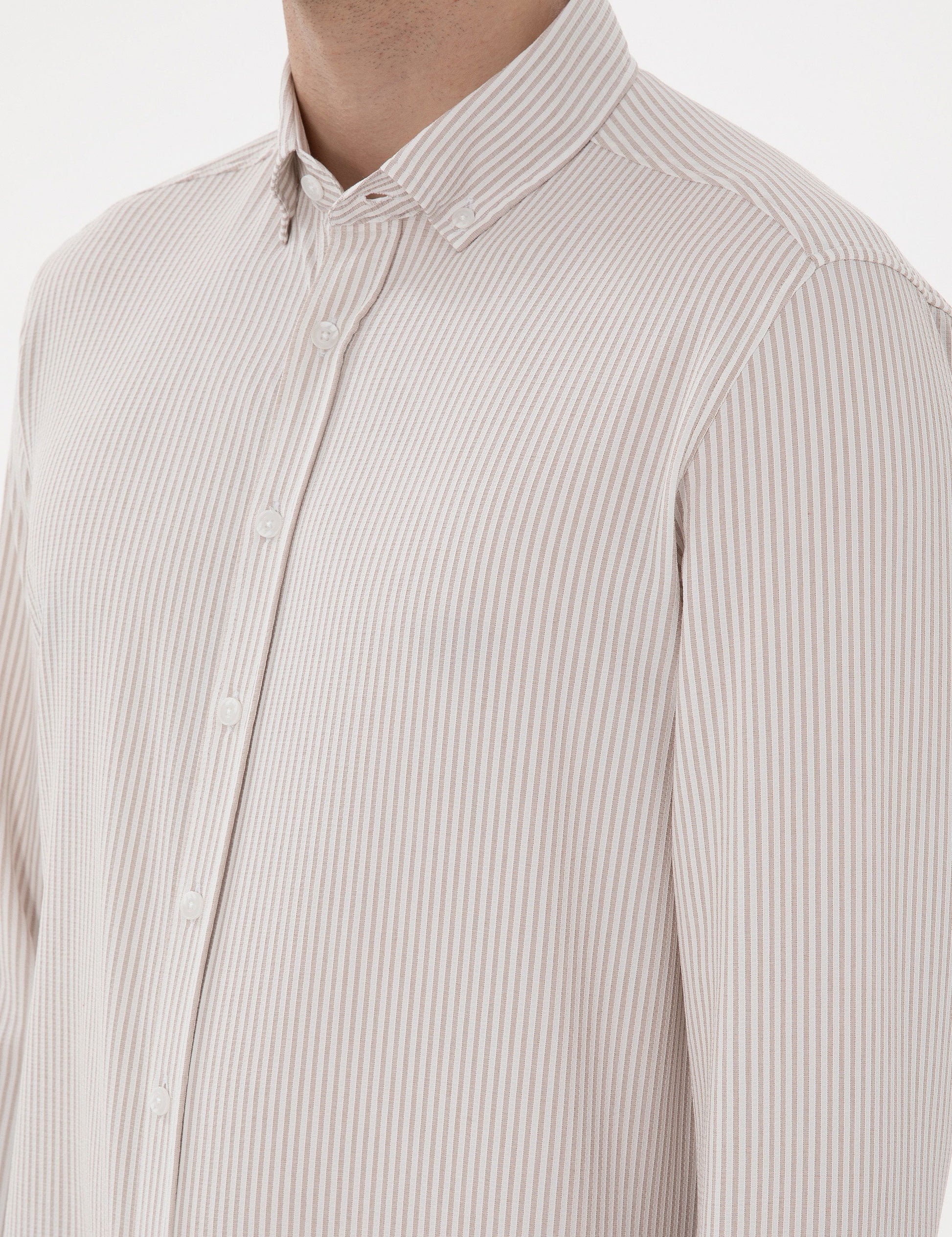Beige Slim Fit Striped Long Sleeve Shirt