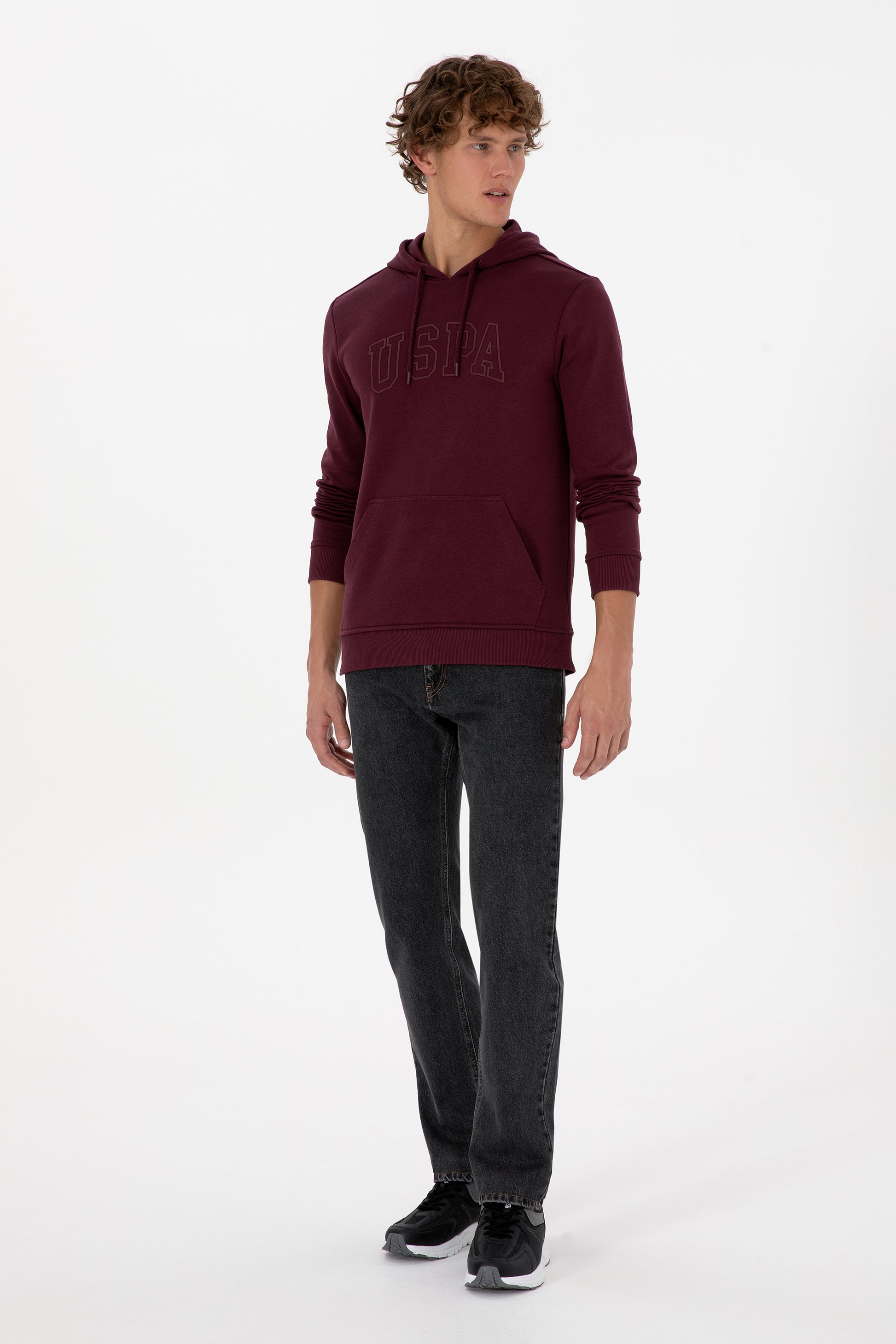 Erkek Regular Fit Kapüşonlu Koyu Bordo Basic Sweatshirt