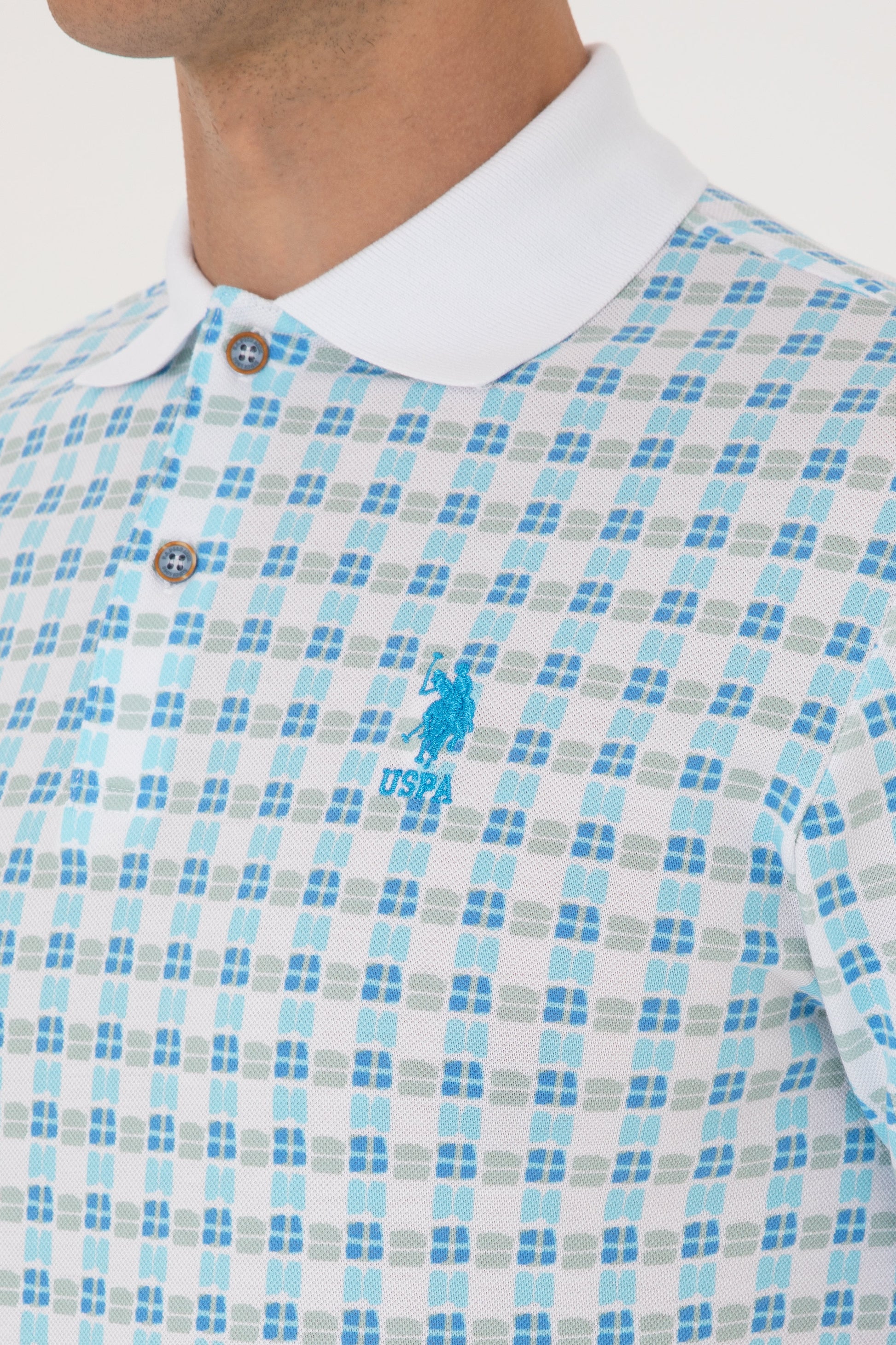 Men's Regular Fit Polo Neck Turquoise Patterned T-Shirt