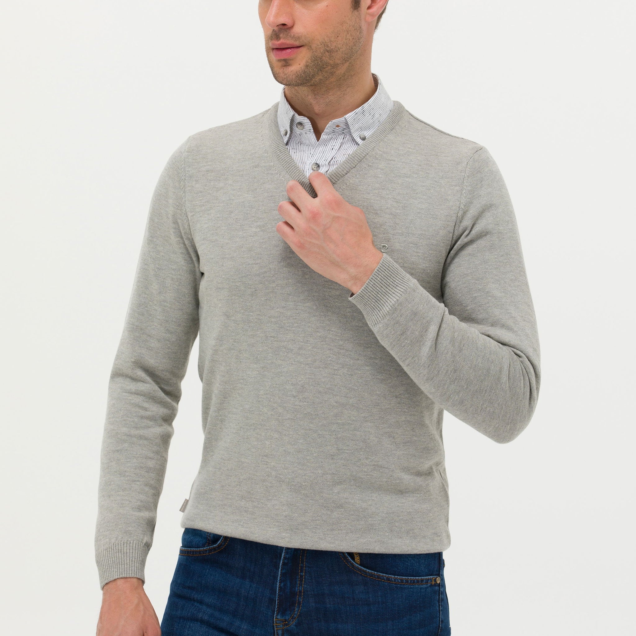 Light Grey Melange Slim Fit V Neck Basic Knitwear Sweater