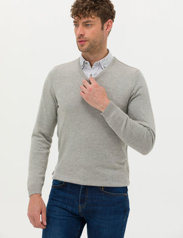 Light Grey Melange Slim Fit V Neck Basic Knitwear Sweater