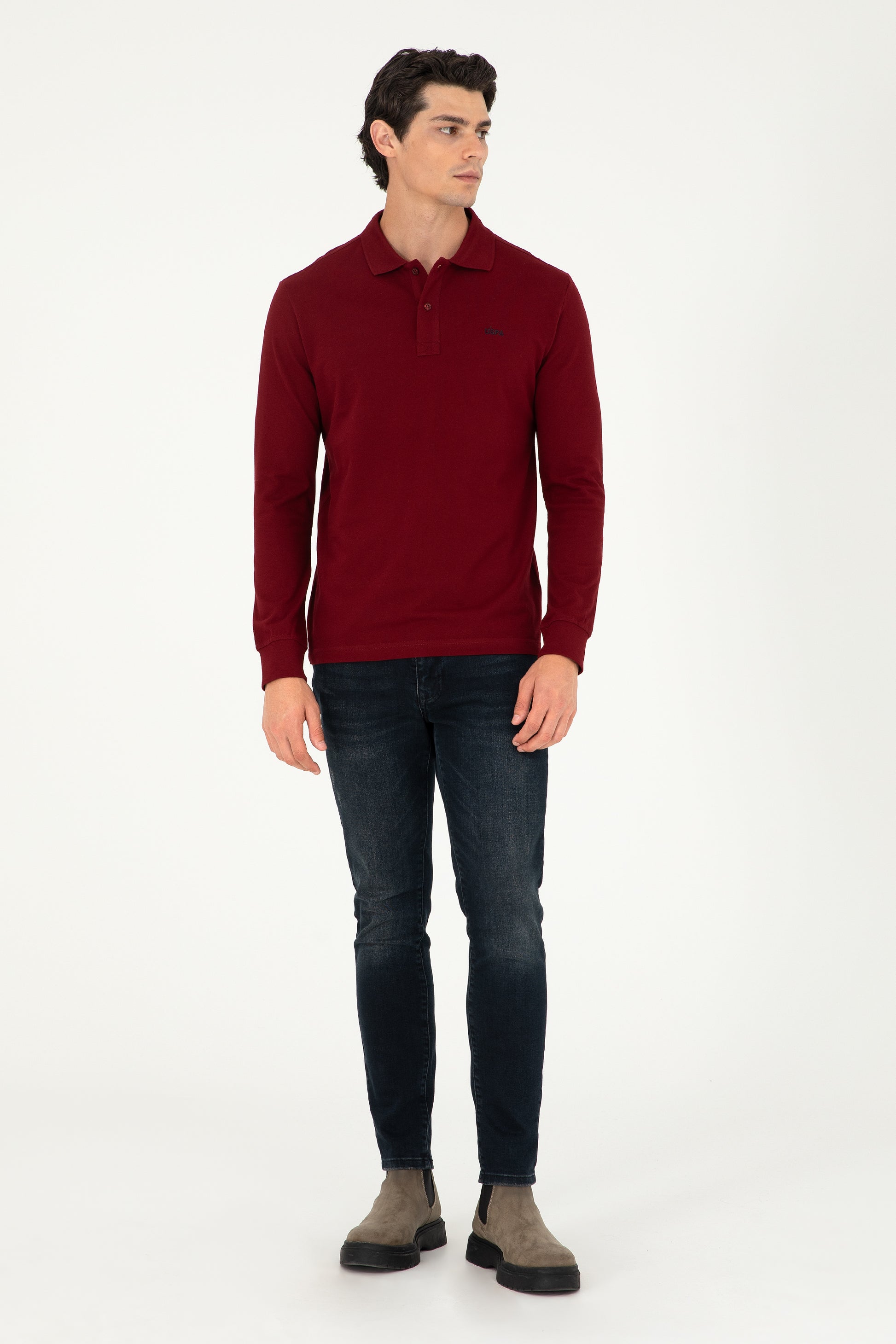 Men's Regular Fit Polo Neck Burgundy Basic Sweatshirt