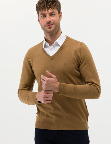 Camel Melange Slim Fit V Neck Basic Knitwear Sweater