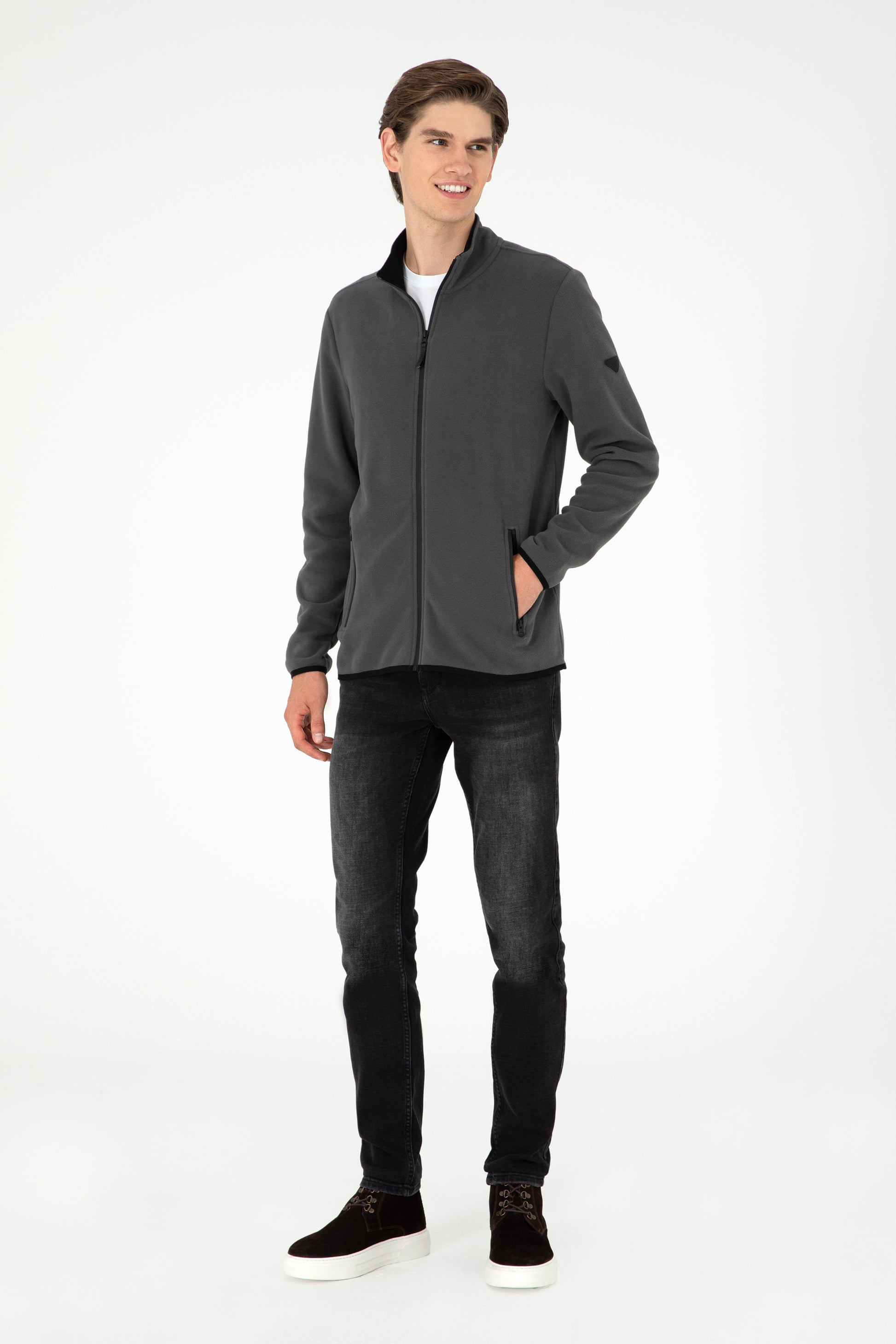 Regular Fit Anthracite Fleece Zipper Basic Cardigan