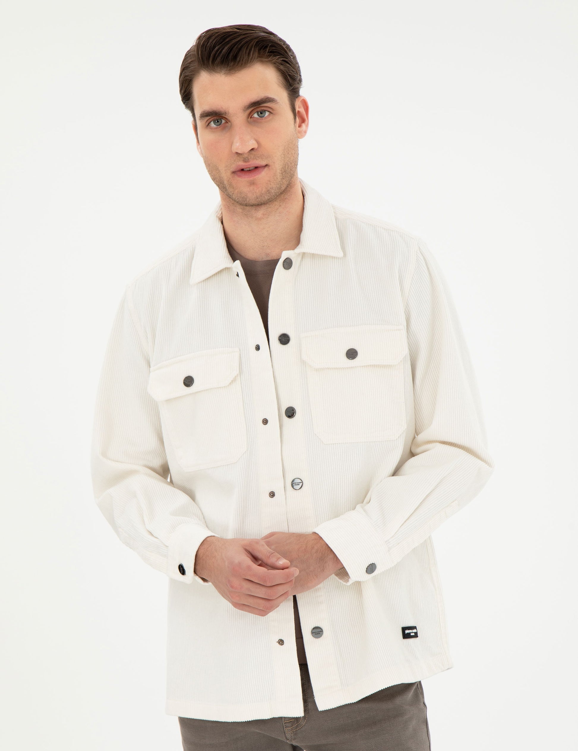 Ekru Klasik Yaka ��ift Cepli Oversize G��mlek Ceket